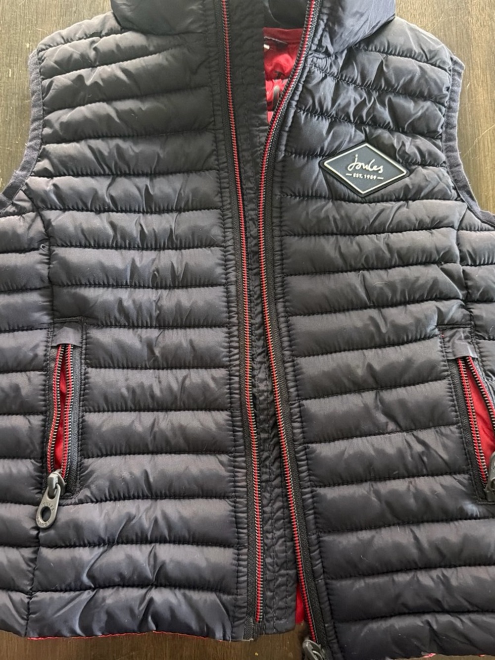 Joules Navy Puffer Vest with Red Zip Trim